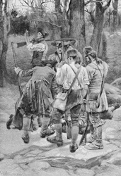 Das Auffinden der Leiche eines ihrer Gefährten, skalpiert und schrecklich verstümmelt, graviert von F.H. Wellington, Illustration aus 